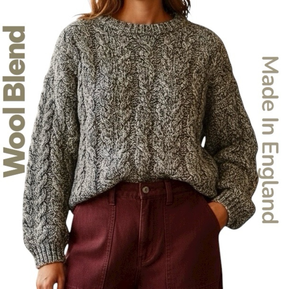 Vtg Skye Knitwear Made/England Wool Blend Heathered Tan Chuck Cable Sweater XL